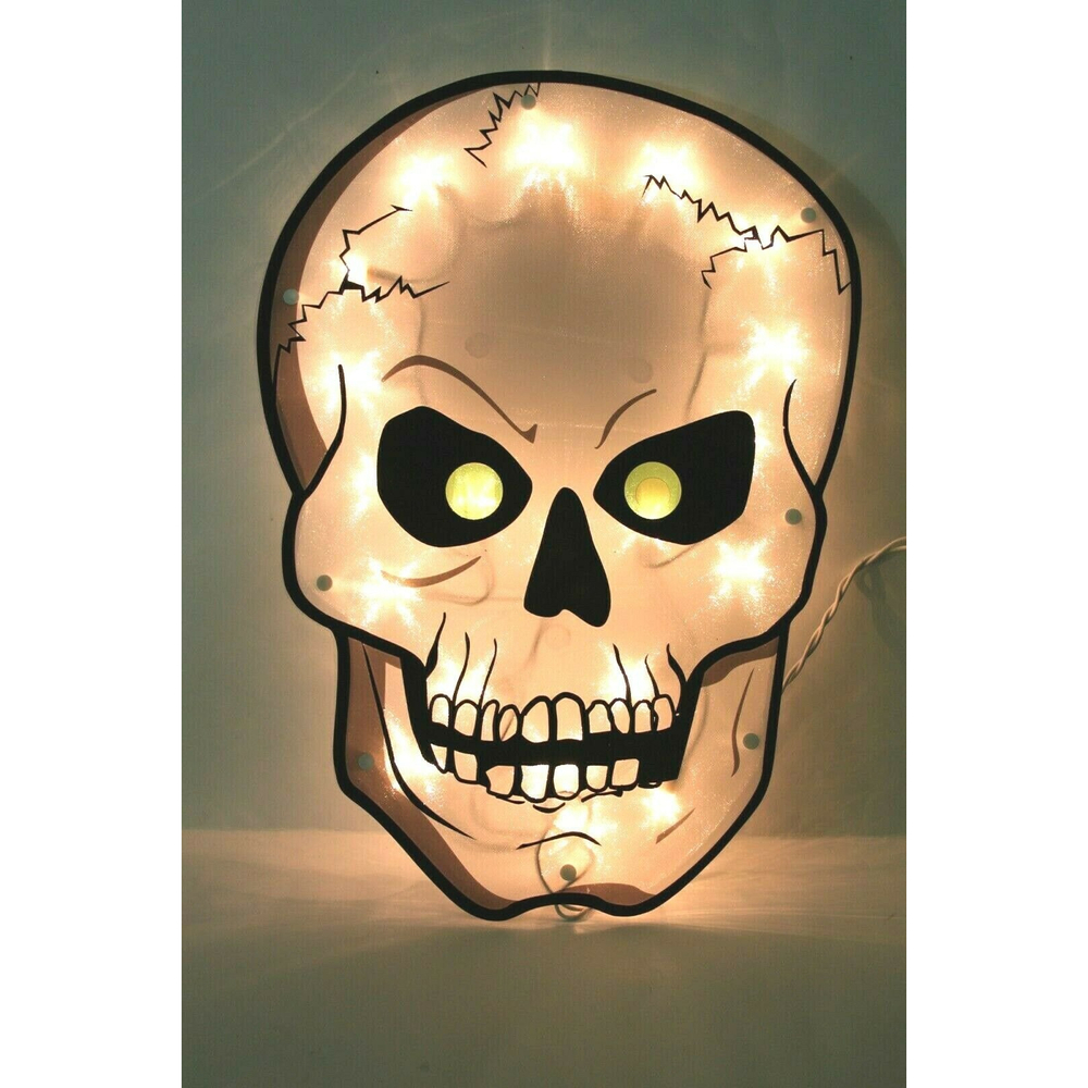Halloween Lighted Sparkly Prismatic Skull Skeleton 20 Clear Mini Lights 17"x12"